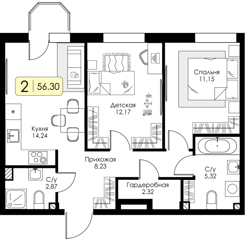 2-комнатная квартира, 56.3 м² в ЖК "Всевгород" - планировка, фото №1