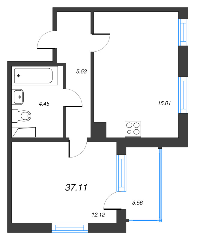 2-комнатная (Евро) квартира, 37.11 м² в ЖК "ЮгТаун" - планировка, фото №1