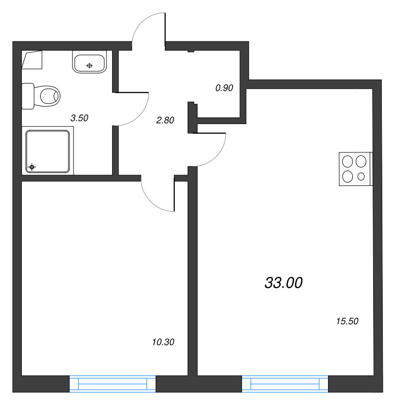 2-комнатная (Евро) квартира, 33 м² в ЖК "Дыбенко Парк" - планировка, фото №1