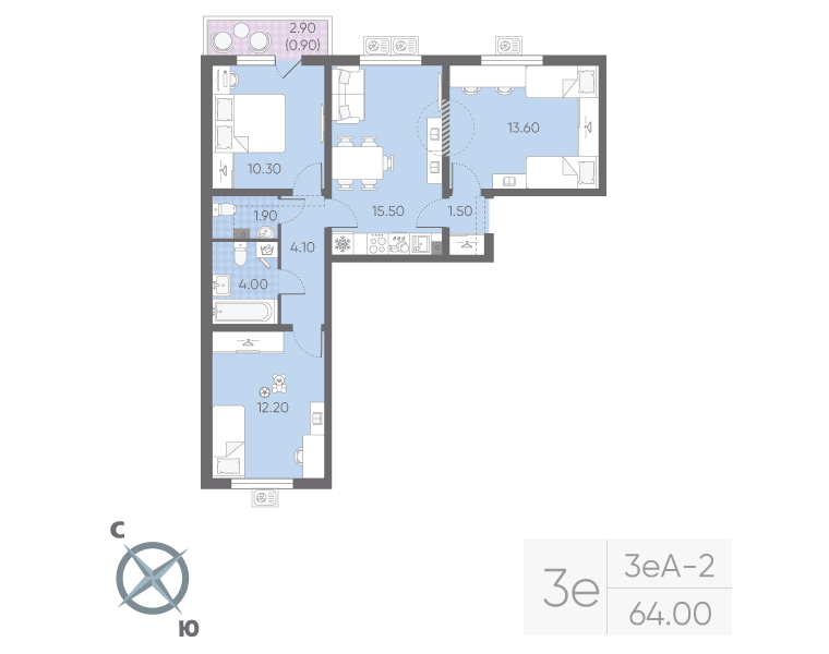4-комнатная (Евро) квартира, 64 м² в ЖК "Ручьи" - планировка, фото №1