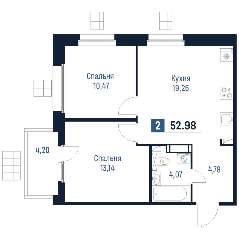 3-комнатная (Евро) квартира, 52.98 м² в ЖК "Максималист" - планировка, фото №1
