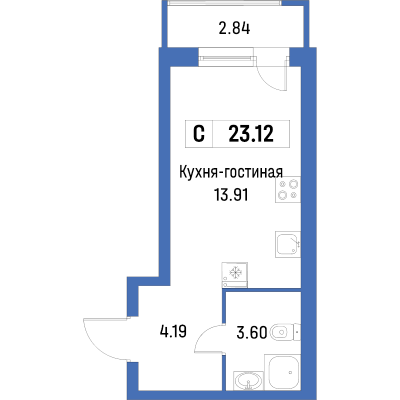 Квартира-студия, 23.12 м² в ЖК "Урбанист" - планировка, фото №1