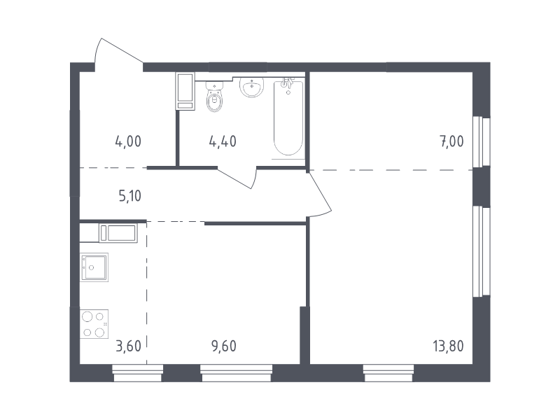 1-комнатная квартира, 47.5 м² - планировка, фото №1
