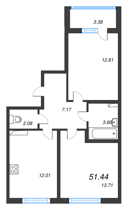 2-комнатная квартира, 51.44 м² в ЖК "Любоград" - планировка, фото №1