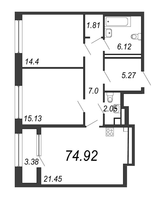 3-комнатная (Евро) квартира, 74.92 м² - планировка, фото №1