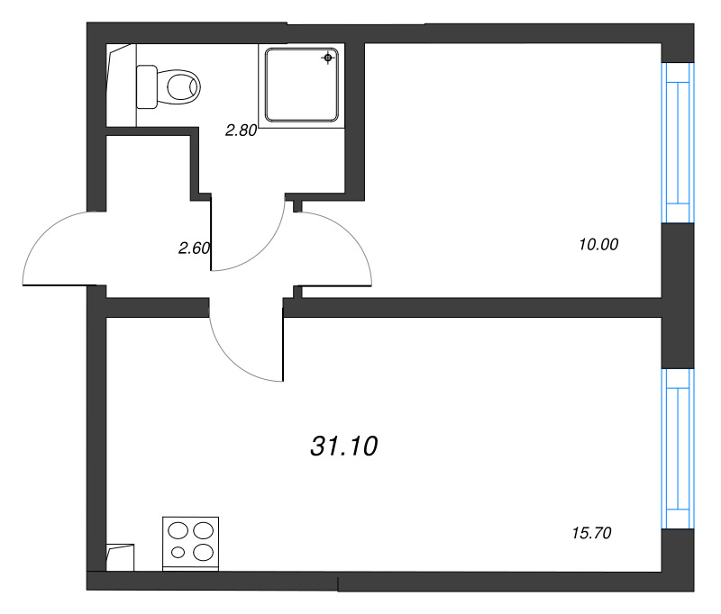 2-комнатная (Евро) квартира, 31.1 м² в ЖК "Ручьи" - планировка, фото №1