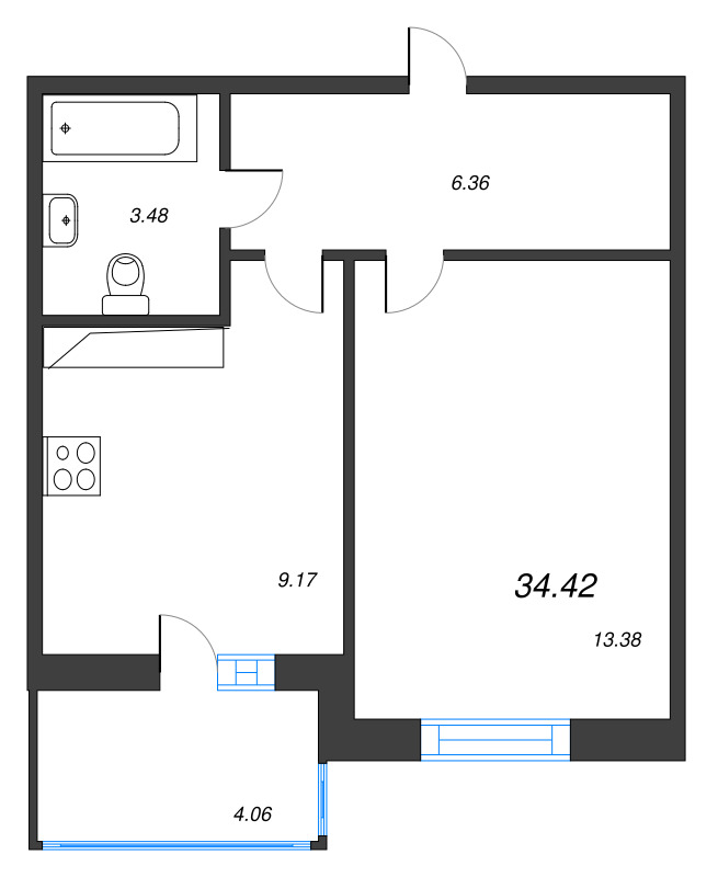1-комнатная квартира, 34.42 м² - планировка, фото №1