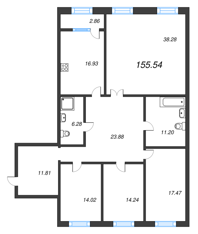 5-комнатная (Евро) квартира, 155.9 м² - планировка, фото №1