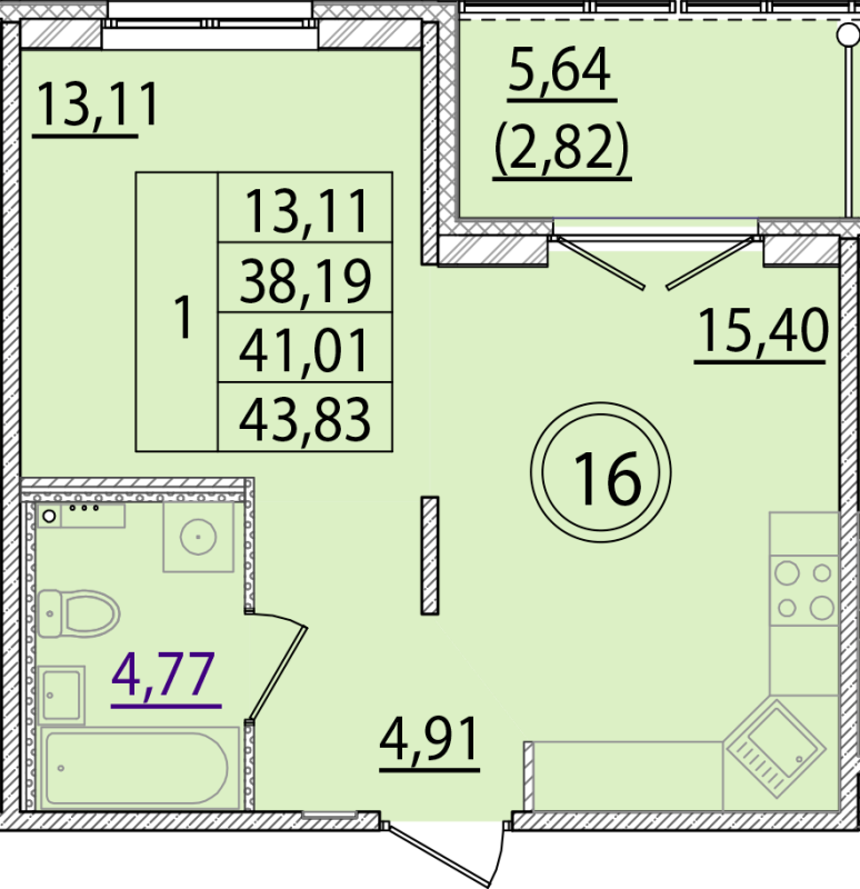 2-комнатная (Евро) квартира, 38.19 м² в ЖК "Образцовый квартал 15" - планировка, фото №1