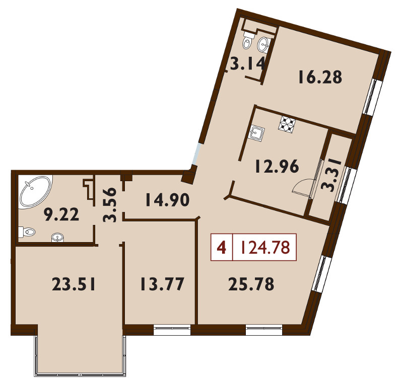 4-комнатная квартира, 126 м² - планировка, фото №1