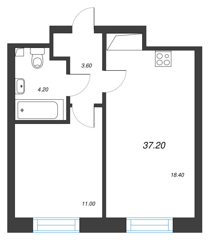 2-комнатная (Евро) квартира, 37.2 м² - планировка, фото №1