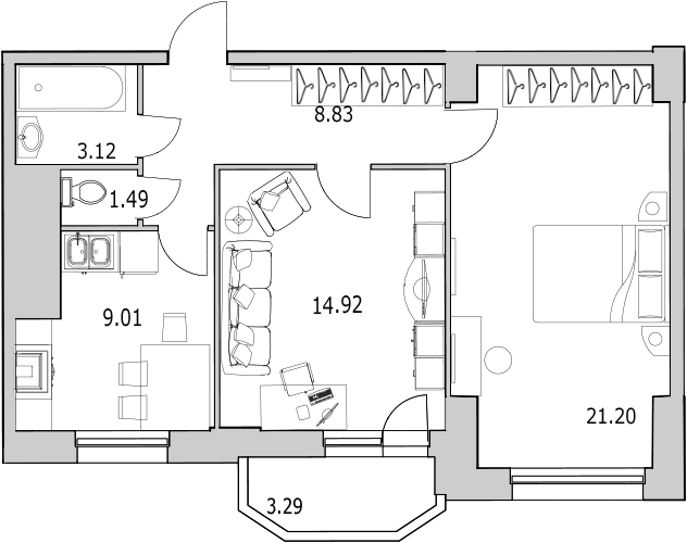 2-комнатная квартира, 60.9 м² в ЖК "Байрон" - планировка, фото №1
