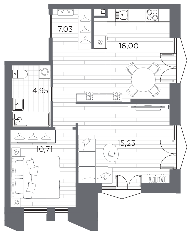 3-комнатная (Евро) квартира, 53.92 м² в ЖК "Галерная гавань" - планировка, фото №1