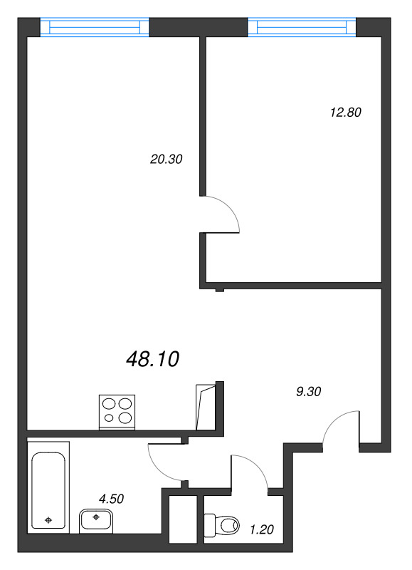 2-комнатная (Евро) квартира, 48.1 м² в ЖК "Руднева 15" - планировка, фото №1
