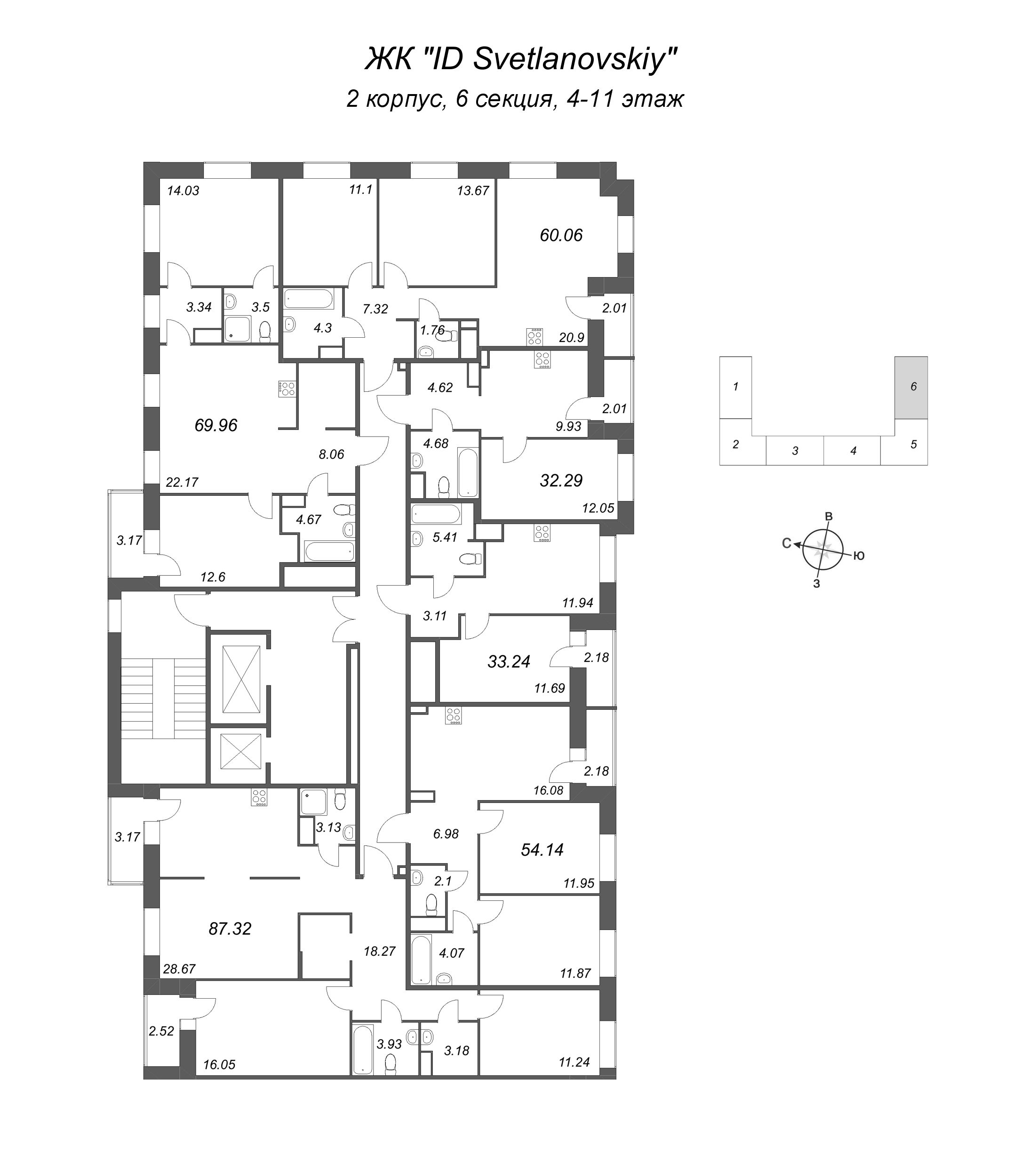 3-комнатная (Евро) квартира, 60.06 м² в ЖК "ID Svetlanovskiy" - планировка этажа