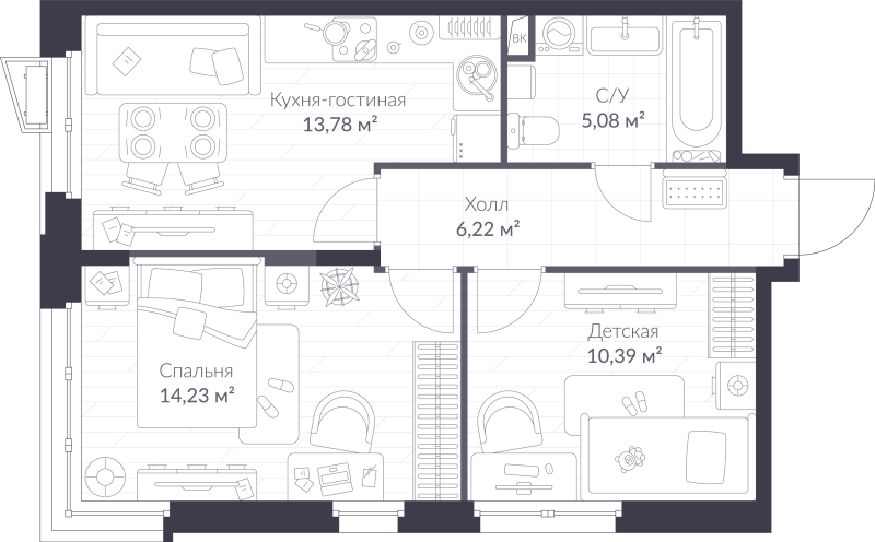 2-комнатная квартира, 49.7 м² - планировка, фото №1