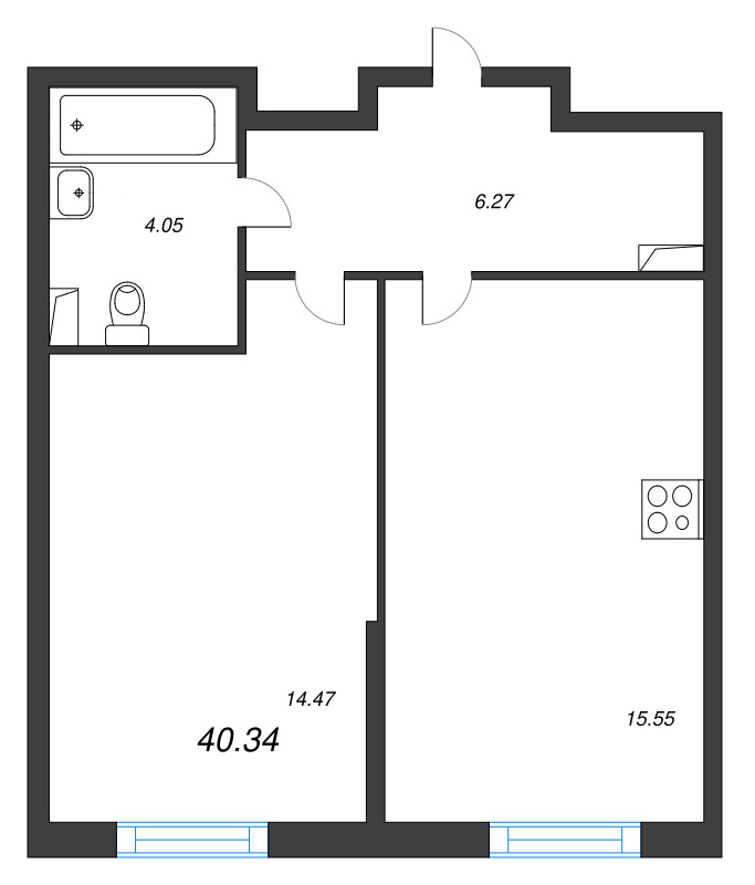 2-комнатная (Евро) квартира, 40.34 м² - планировка, фото №1