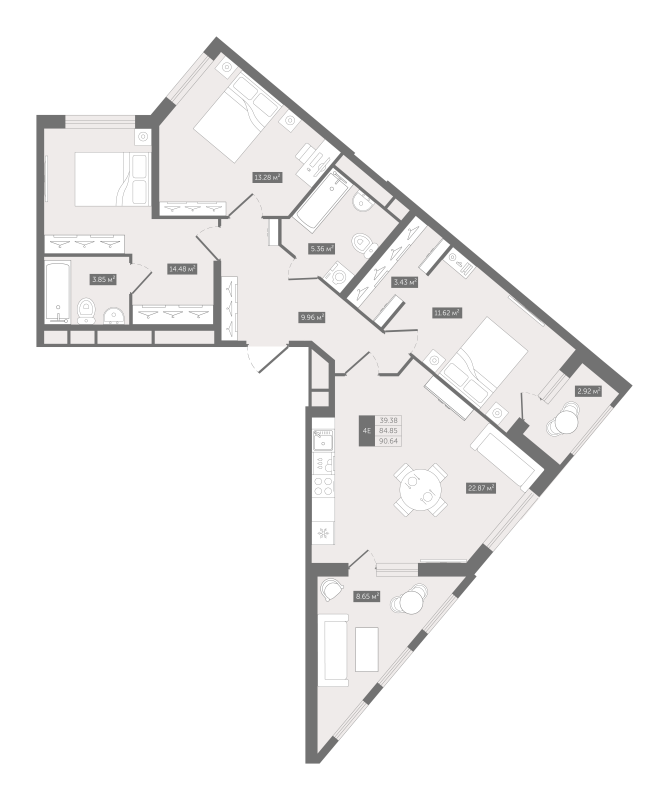 4-комнатная (Евро) квартира, 90.64 м² - планировка, фото №1