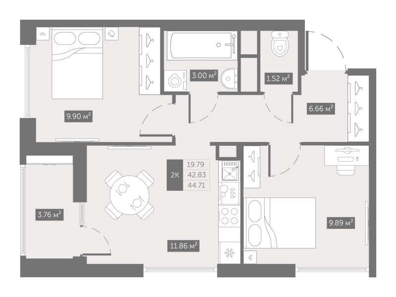 2-комнатная квартира, 44.71 м² в ЖК "UP-квартал Новый Московский" - планировка, фото №1