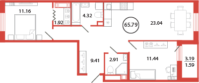 3-комнатная (Евро) квартира, 65.79 м² в ЖК "Энфилд" - планировка, фото №1