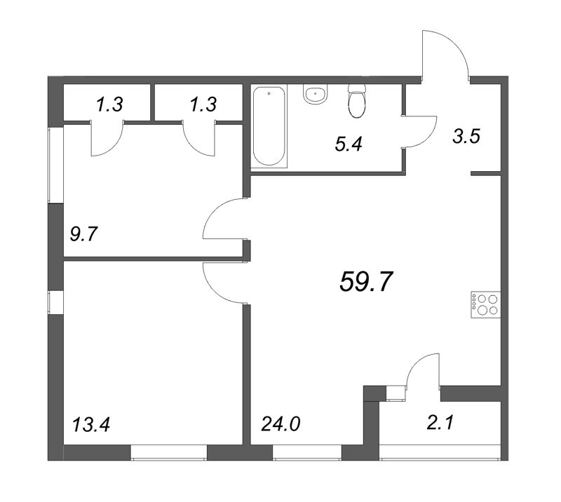3-комнатная (Евро) квартира, 59.7 м² - планировка, фото №1