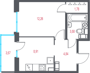 1-комнатная квартира, 32.44 м² в ЖК "Город-спутник Южный" - планировка, фото №1
