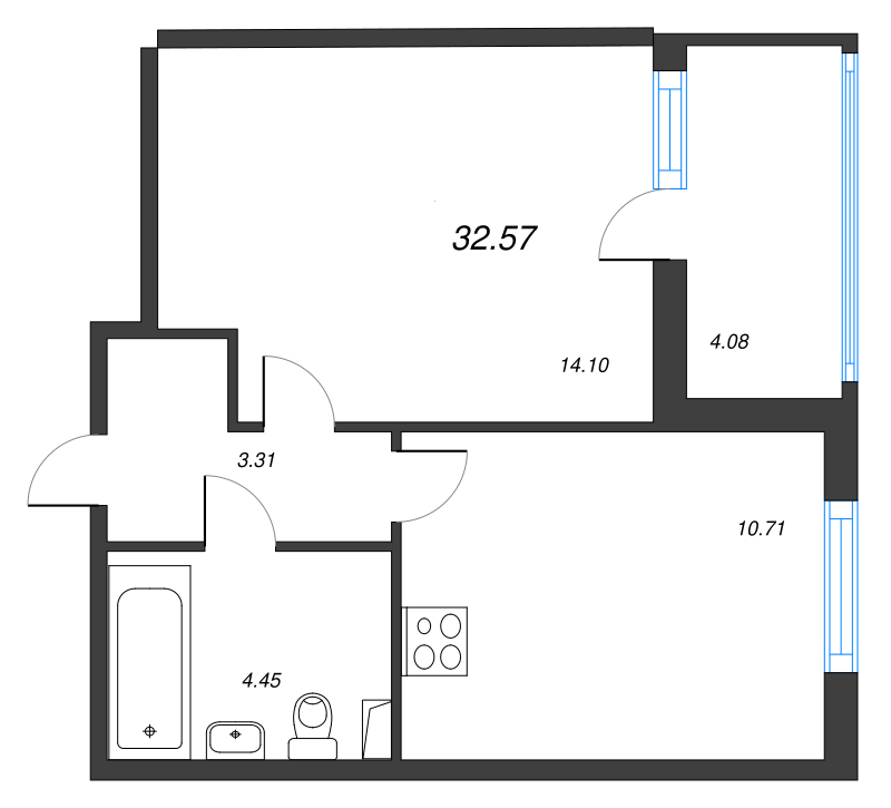 1-комнатная квартира, 32.57 м² - планировка, фото №1