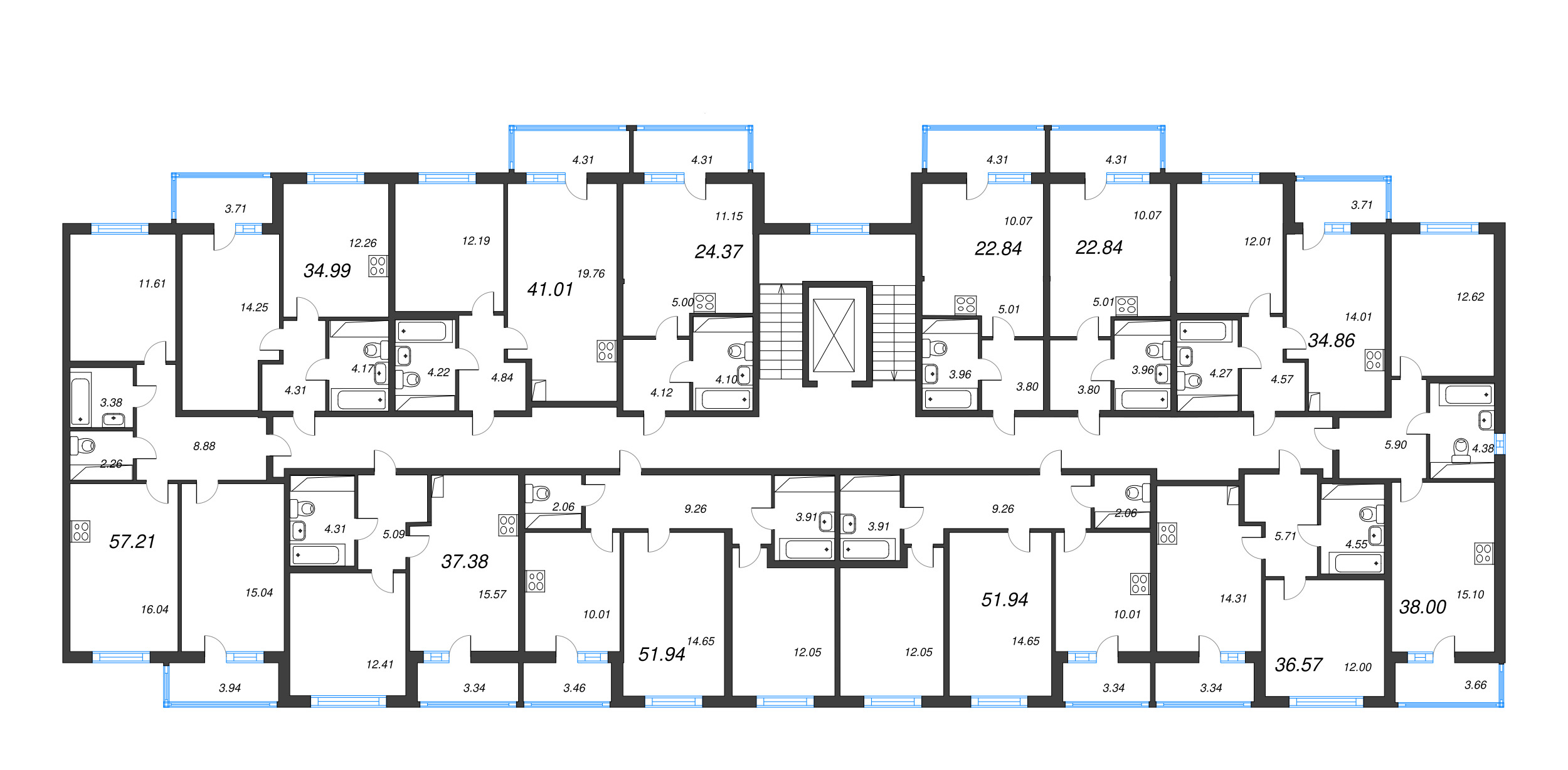 2-комнатная квартира, 51.94 м² в ЖК "Ясно.Янино" - планировка этажа