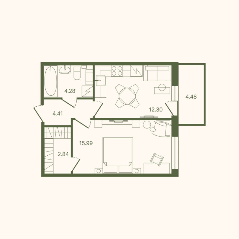 1-комнатная квартира, 41.15 м² в ЖК "Рауни" - планировка, фото №1