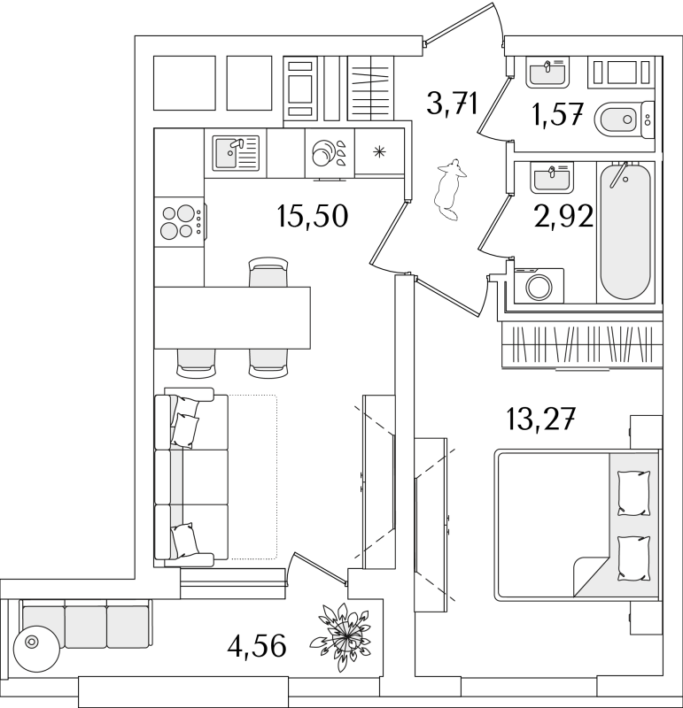 2-комнатная (Евро) квартира, 39.25 м² - планировка, фото №1