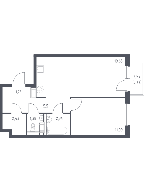 2-комнатная (Евро) квартира, 45.3 м² в ЖК "Квартал Торики" - планировка, фото №1