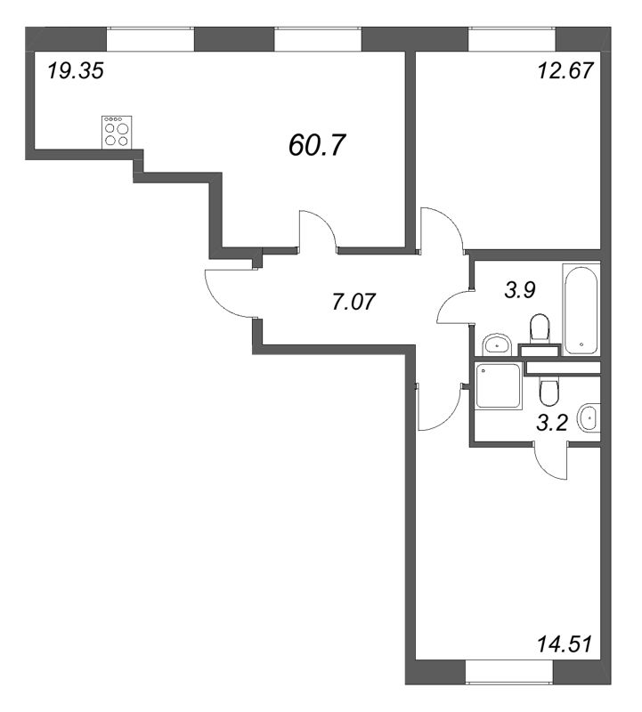 3-комнатная (Евро) квартира, 60.7 м² в ЖК "Цивилизация на неве" - планировка, фото №1