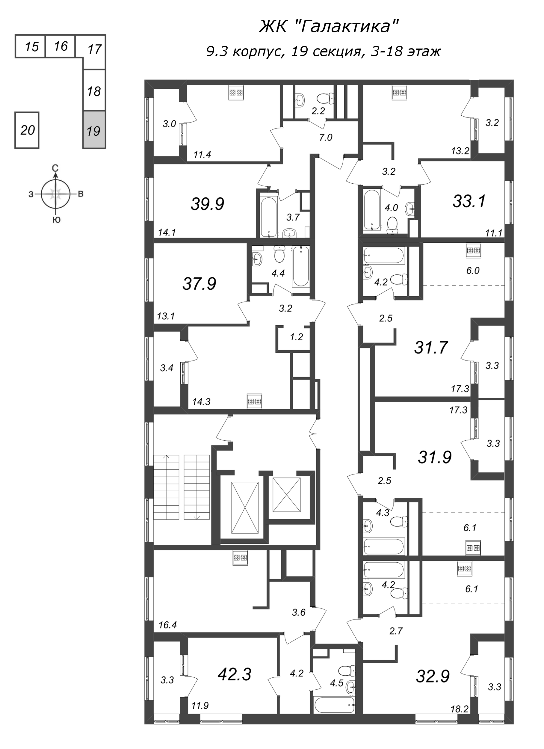 Квартира-студия, 32.1 м² в ЖК "Галактика" - планировка этажа