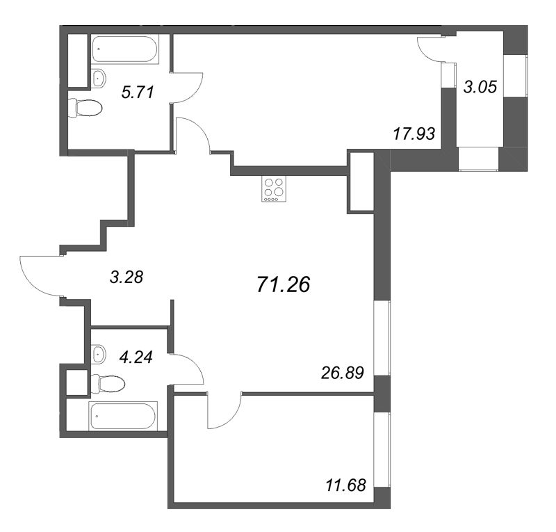 3-комнатная (Евро) квартира, 71.26 м² в ЖК "Talento" - планировка, фото №1