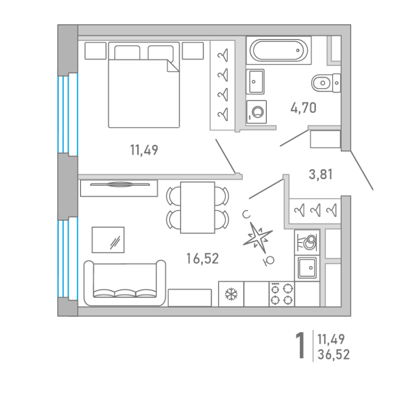 2-комнатная (Евро) квартира, 36.52 м² - планировка, фото №1