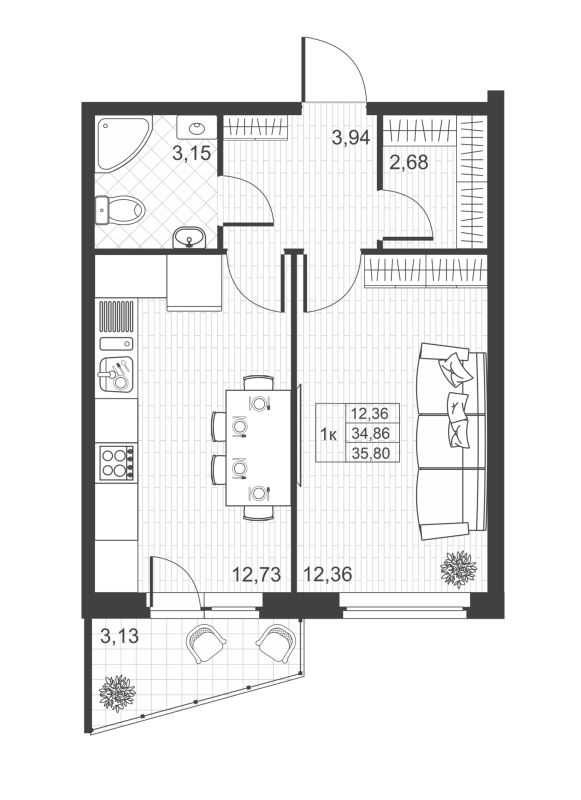1-комнатная квартира, 35.8 м² в ЖК "Ново-Антропшино" - планировка, фото №1