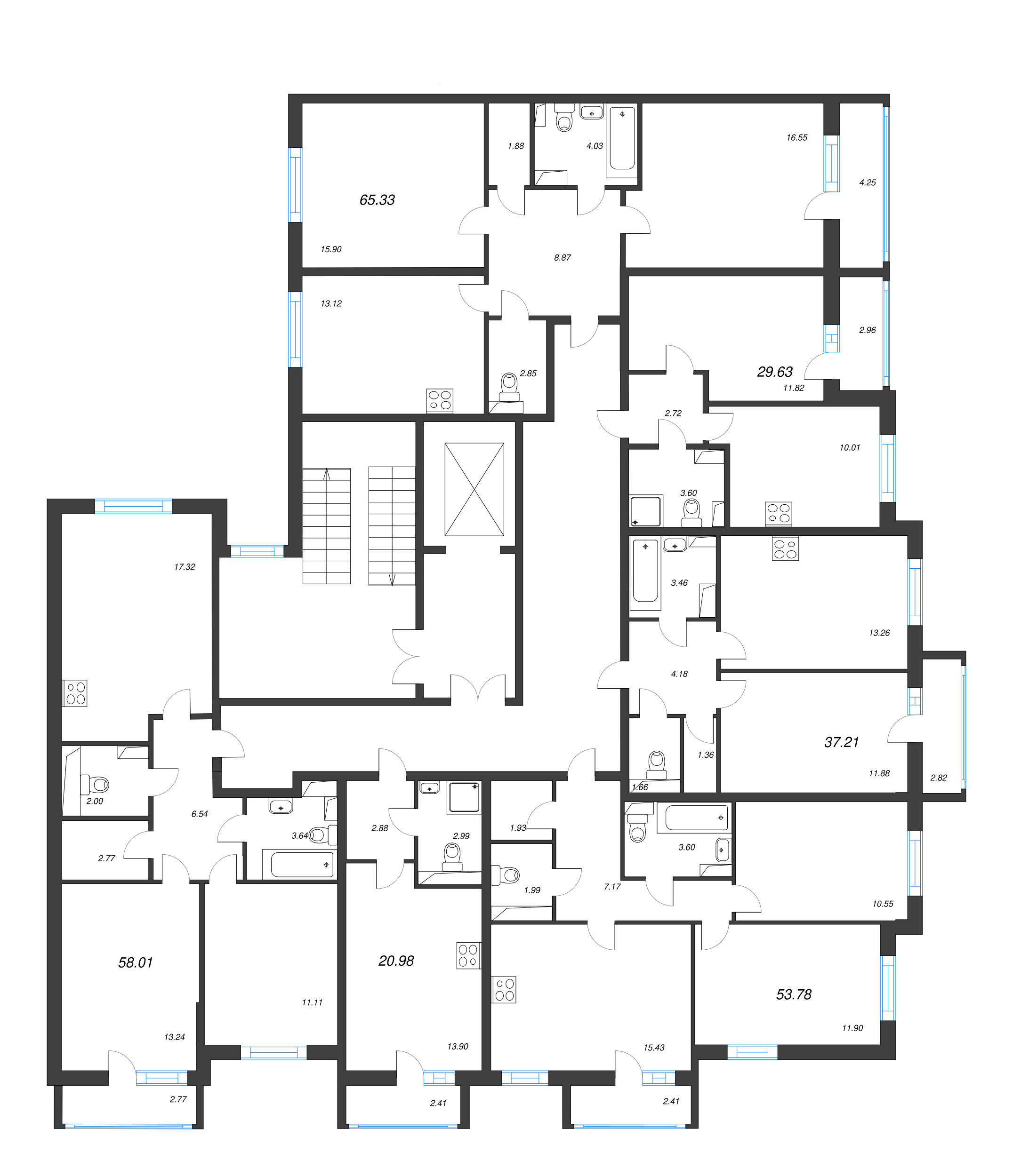 3-комнатная (Евро) квартира, 53.78 м² - планировка этажа
