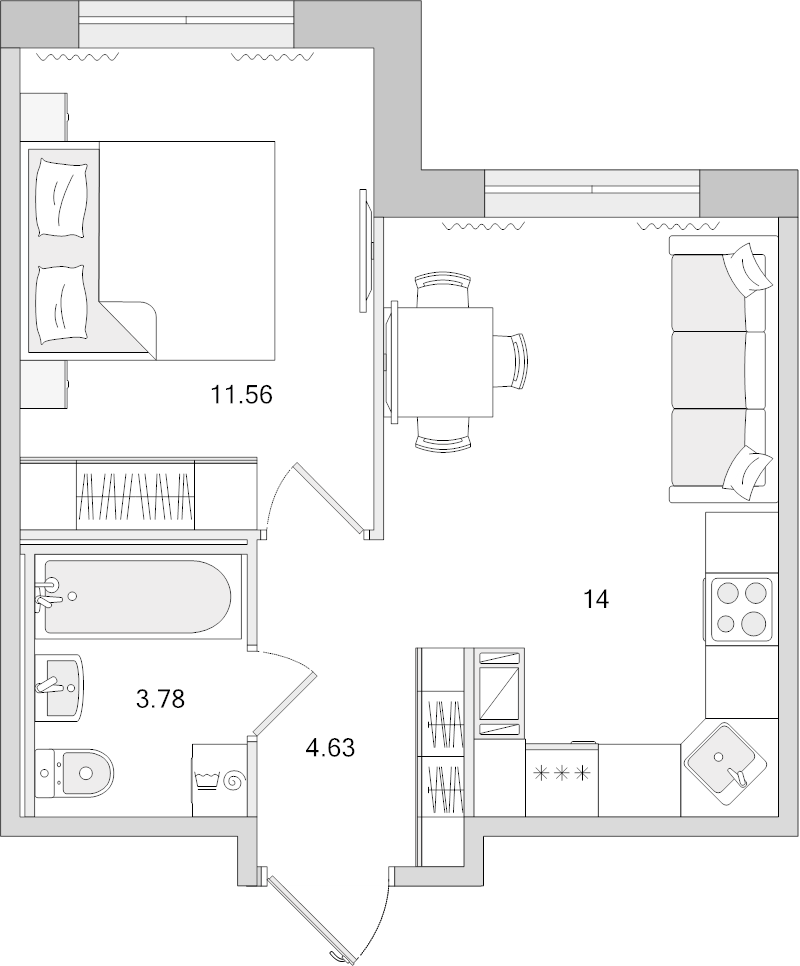 1-комнатная квартира, 33.97 м² в ЖК "Dreamline" - планировка, фото №1