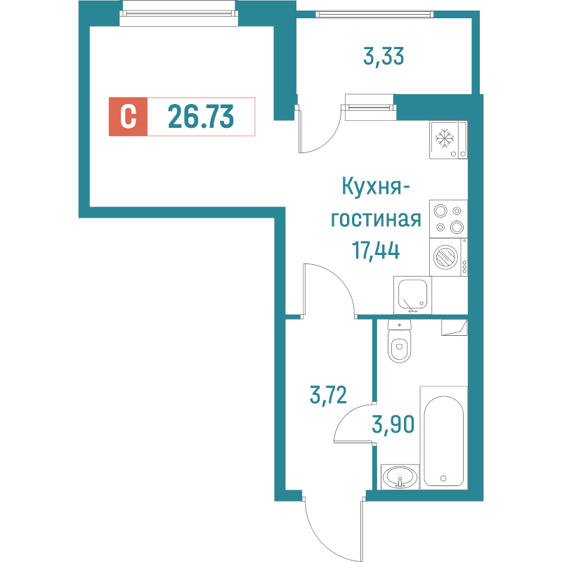 Квартира-студия, 26.73 м² в ЖК "Графика" - планировка, фото №1