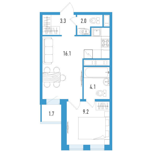 2-комнатная (Евро) квартира, 35.6 м² - планировка, фото №1