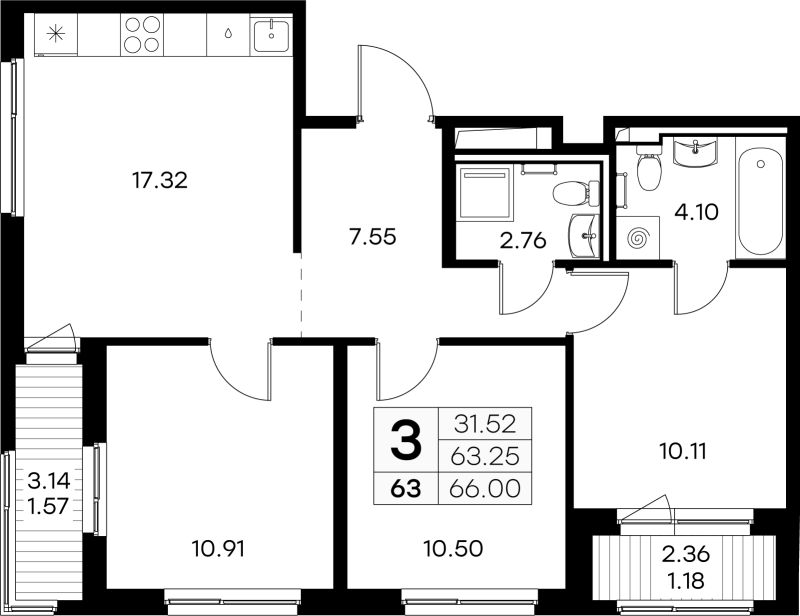 4-комнатная (Евро) квартира, 66 м² - планировка, фото №1