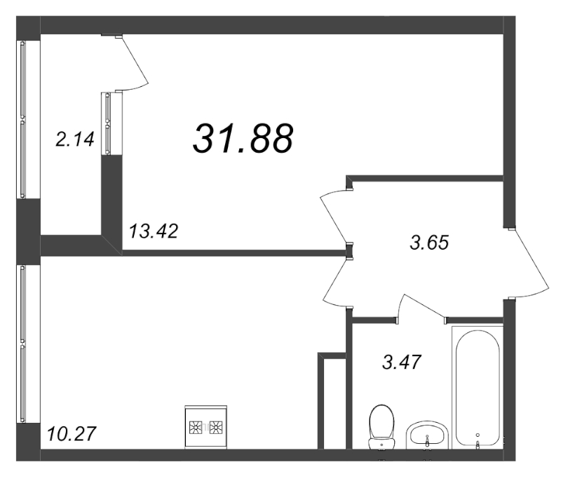 1-комнатная квартира, 31.88 м² - планировка, фото №1