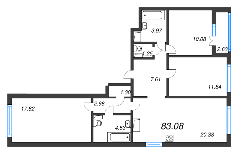 4-комнатная (Евро) квартира, 83.08 м² в ЖК "AEROCITY" - планировка, фото №1