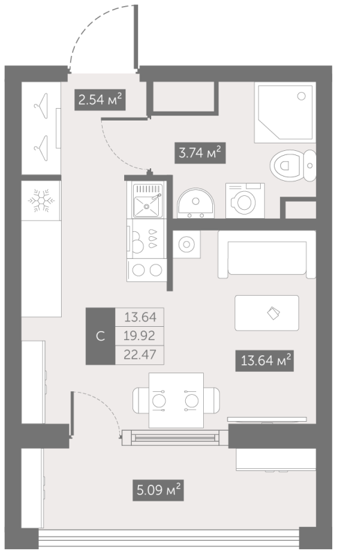 Квартира-студия, 22.47 м² - планировка, фото №1