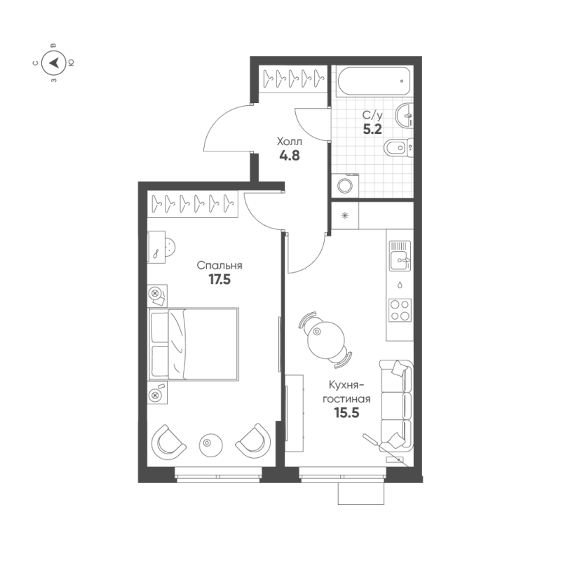 2-комнатная (Евро) квартира, 43 м² в ЖК "Ягодное Река Парк" - планировка, фото №1