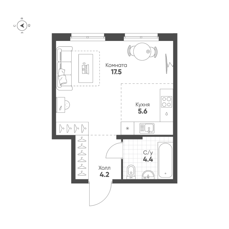 Квартира-студия, 31.7 м² в ЖК "Ягодное Река Парк" - планировка, фото №1