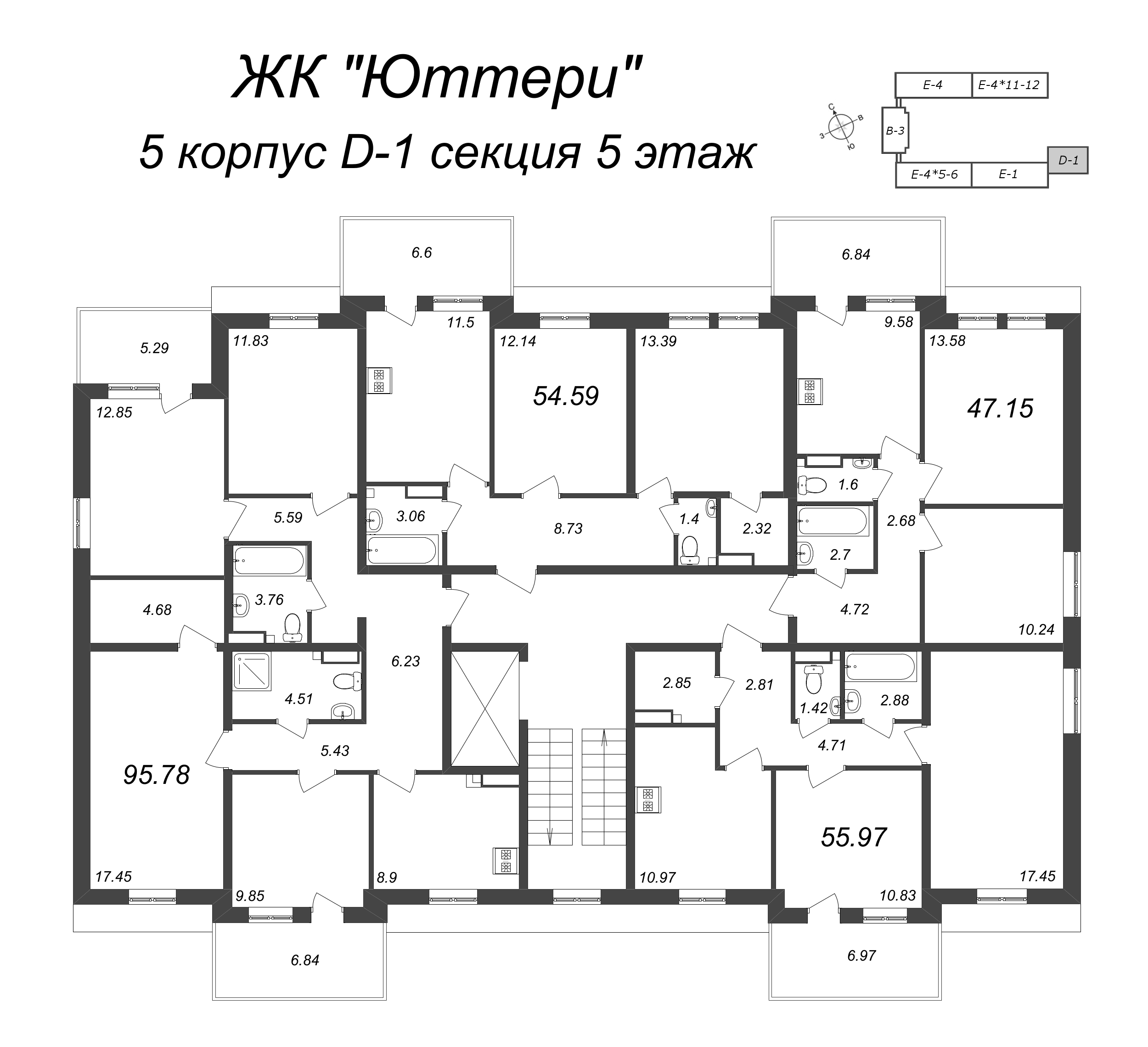 2-комнатная квартира, 59.38 м² в ЖК "Юттери" - планировка этажа