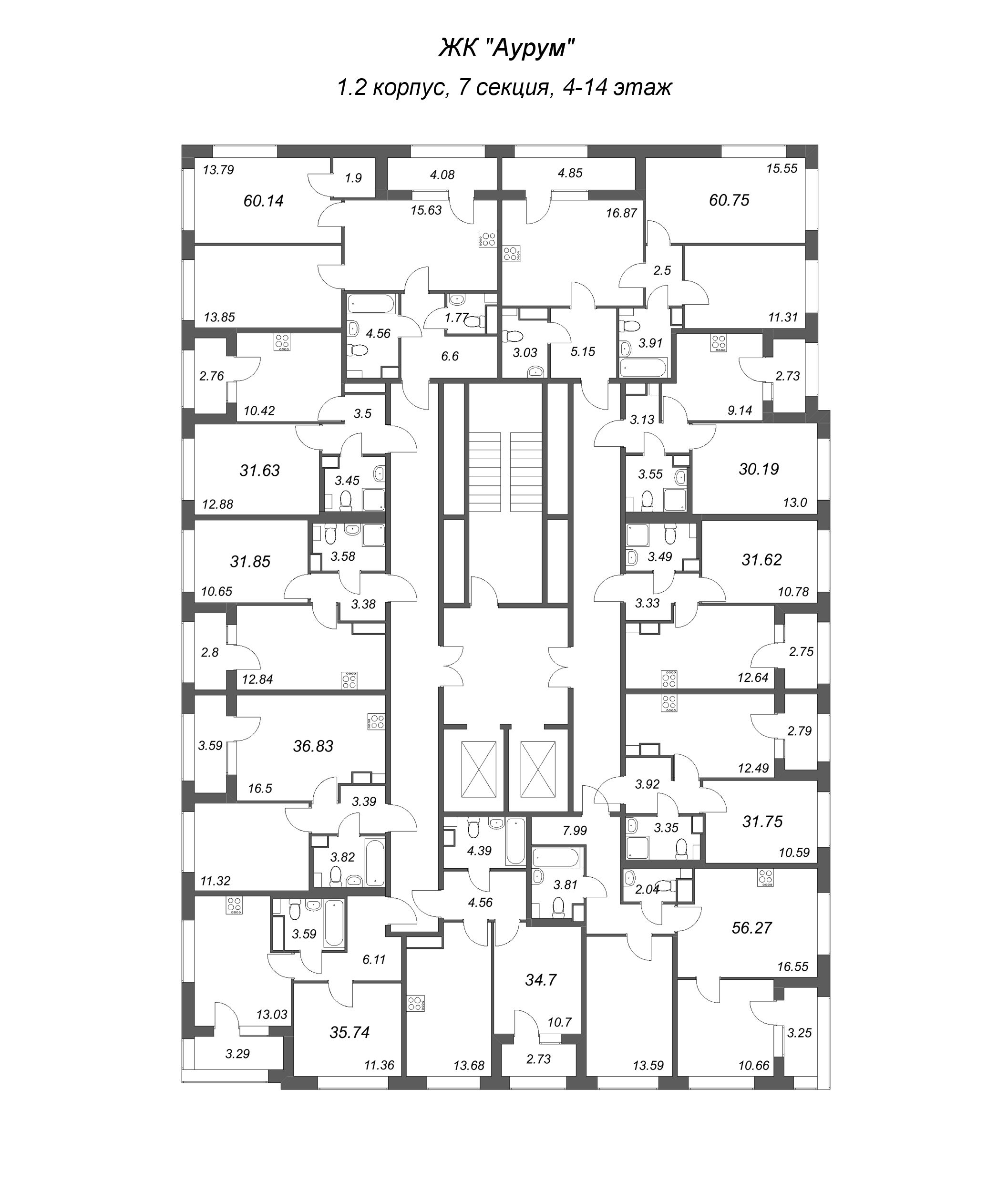 3-комнатная (Евро) квартира, 56.27 м² в ЖК "Аурум" - планировка этажа