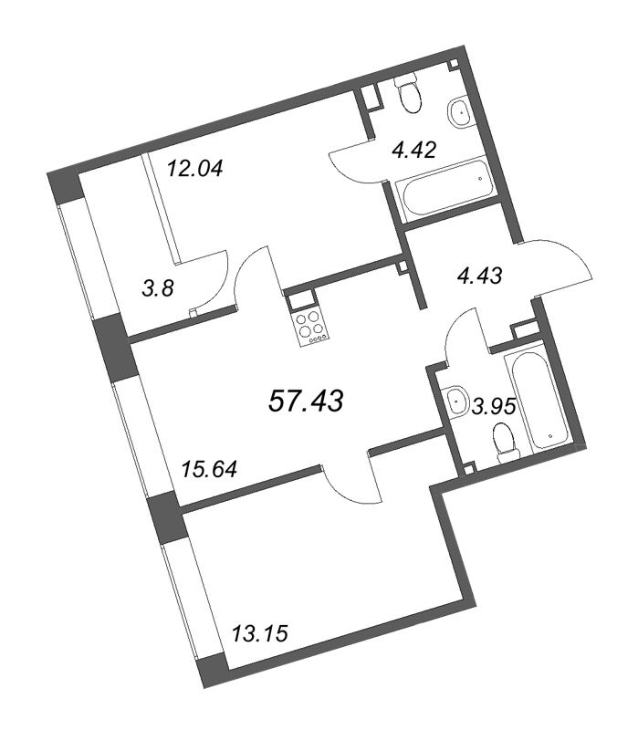 3-комнатная (Евро) квартира, 57.43 м² - планировка, фото №1