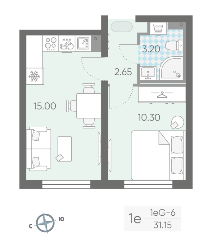 2-комнатная (Евро) квартира, 30.9 м² - планировка, фото №1